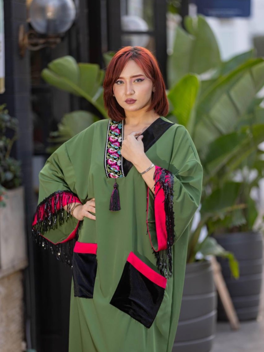 Elegant Olive Green and Hot Pink Kaftan Dress